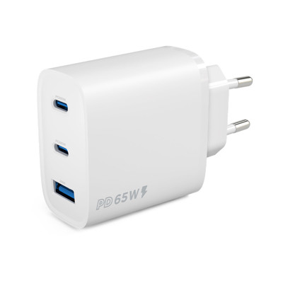 Immagine di Fonex caricatore da rete 65W con doppia porta Type-C (PD) e una porta USB | Bianco