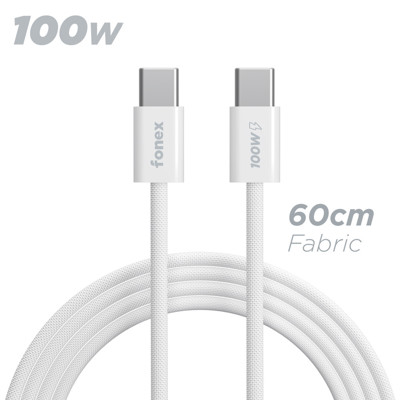 Immagine di Fonex cavo carica e dati 100W in tessuto ultraresistente Type-C to Type-C | 60 cm | Bianco