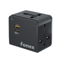 Immagine di Fonex adattatore universale da viaggio 20W GaN compatibile con prese USA, AU, EU, UK | Con porta Type-C e USB | Nero