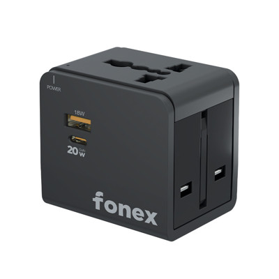 Immagine di Fonex adattatore universale da viaggio 20W GaN compatibile con prese USA, AU, EU, UK | Con porta Type-C e USB | Nero