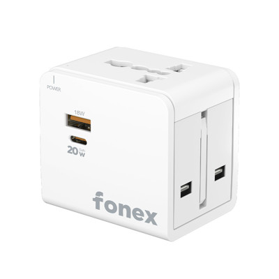 Immagine di Fonex adattatore universale da viaggio 20W GaN compatibile con prese USA, AU, EU, UK | Con porta Type-C e USB | Bianco