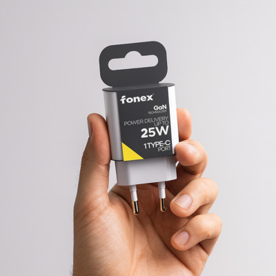 Immagine di Fonex caricatore da rete 25W GaN con porta USB + Type-C (PD) | Bianco