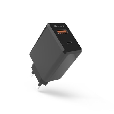 Immagine di Fonex caricatore da rete 25W GaN con porta USB + Type-C (PD) | Nero