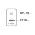 Immagine di Fonex caricatore 20W con porta USB e Typc-C (PD) + cavo Type-C to Type-C | Nero