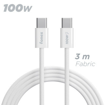 Immagine di Fonex cavo carica e dati 100W in tessuto ultraresistente Type-C to Type-C | 3 m | Bianco