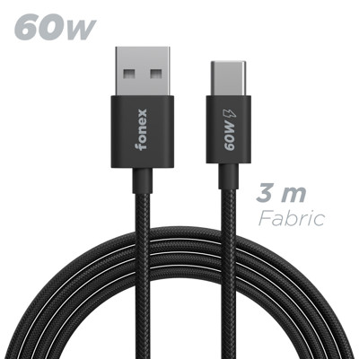 Picture of Fonex charge and data cable 60W ultra-strong fabric USB to Type-C | 3 m | Black