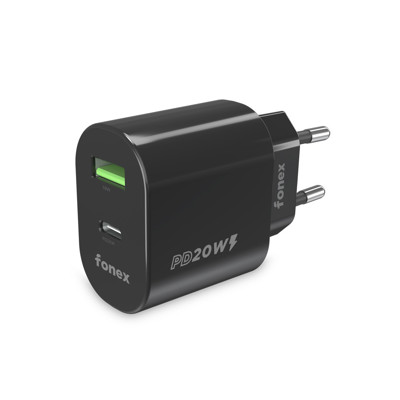 Immagine di Fonex caricatore da rete 20W con porta USB + Type-C (PD) | GaN|  Nero